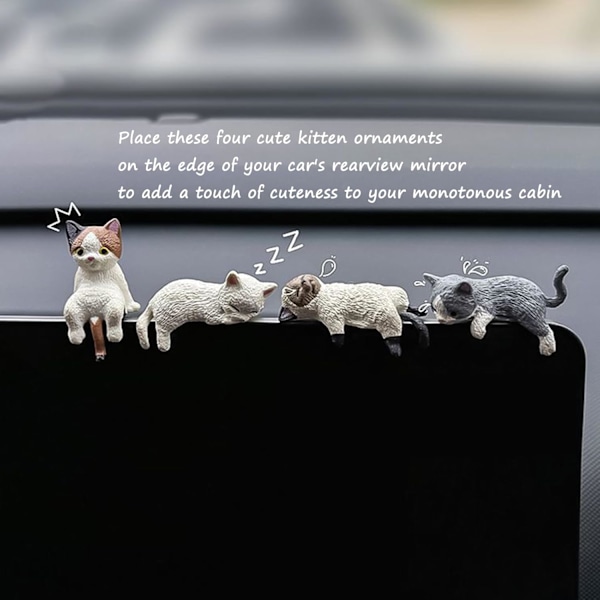 4 søte bildekorasjoner til bakspeilet, mini katter, for bildekorasjon, dashbord og prinsessebiltilbehør