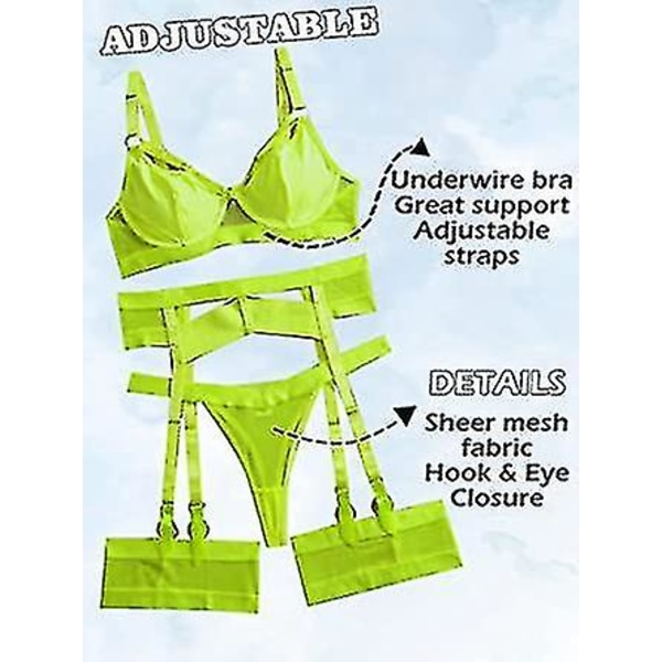 Seksikäs alusvaatesetti naisille, 4-osainen rintaliivit ja pikkuhousut sukkanauhaliivillä, olkaimellinen alusvaatesetti reisikoruilla.XXL.keltainen Yellow 2XL