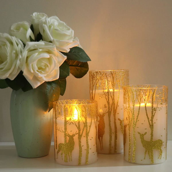 Glasflamfria ljus med flimrande låga och timerfjärrkontroll, 3-pack guld