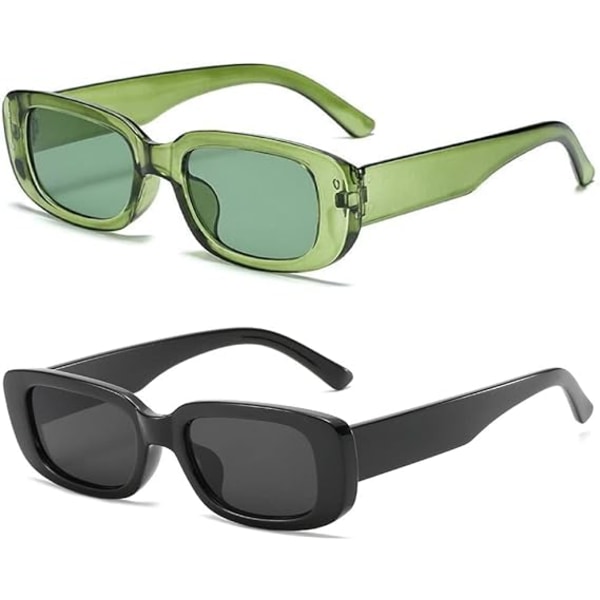 Rektangulære solbriller-svart og grønn for kvinner Menn Trendy Retro