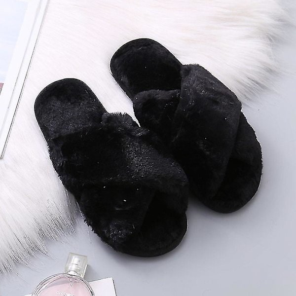 Varma fluffiga tofflor Dam Plyschtofflor Bekväma Faux Fur Cross Inomhus Golvtofflor Platt Mjuka Päls Skor Damer Kvinnor..