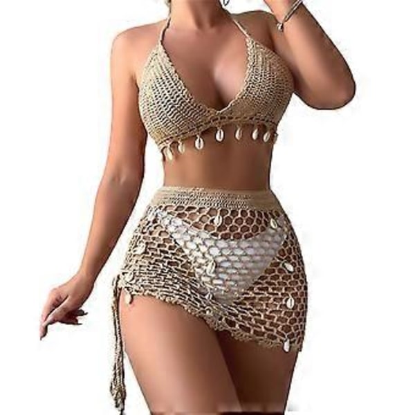Dame 2-delt Strand Badedragt Muslingeskaller Hæklet Halter Bikinis Badedragt med Sarong Nederdel Strandtøj Khaki M Khaki M