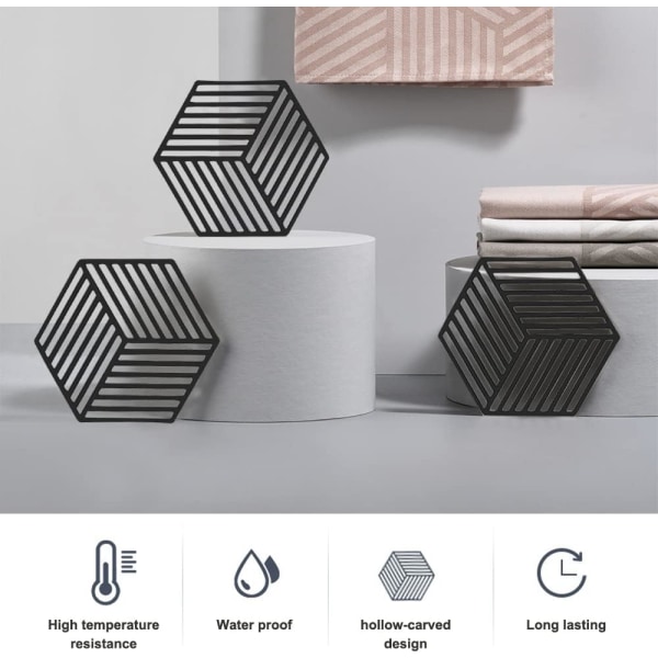3 stk. Silikon Trivet, Skridsikker Sekskantet Trivet, (Sort) 13,8*