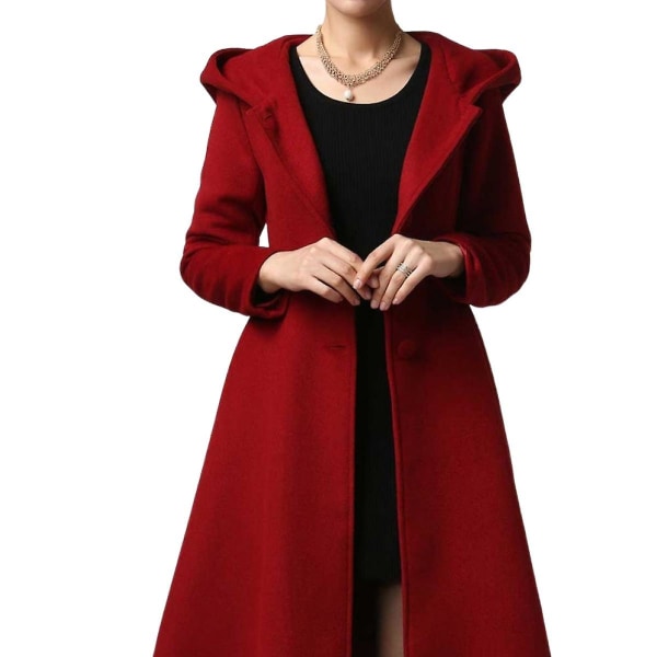 Enkelknäppt ullkappa för kvinnor, röd swinghuvkappa, varma vinterytterkläder, ullkappa med luva, julkappa.L.