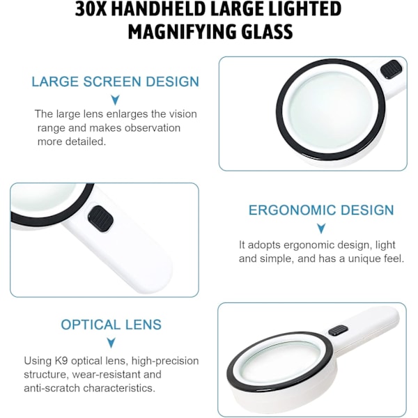 Læseforstørrelsesglas, 30x forstørrelse med 12 LED-lys - Lighte
