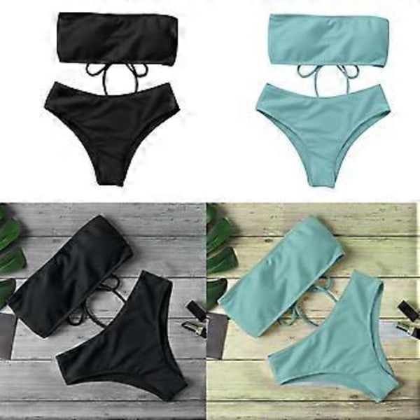 Dame Stropløs Høj Talje Bikini Sæt To Dele Badedragt Mavekontrol Sort XL Black XL