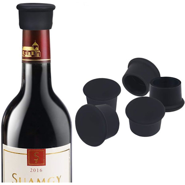 Musta - 6 silikonisen viinipullon sulkijan setti, pyöreät sulkijat, olut st