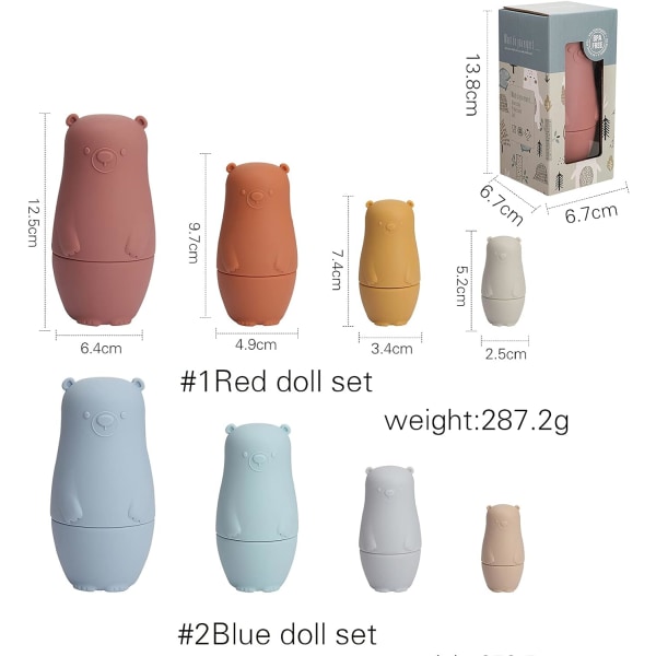2 set (röd, blå en bit vardera) Silikon Nesting Dolls Cartoon