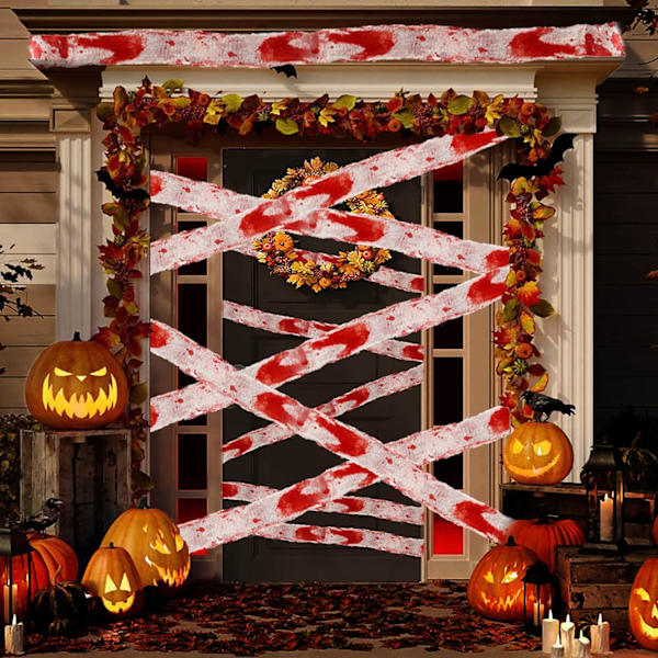 Halloween Fright Tape Bundle, 1 stk Blodig Spøkelseshus Gasbind Skummel Skummel Stoff Draperi Klede Rom Vindu Vegg Dør Deksel, Blodige Klamrer og Advarselstape（8CM*5M）