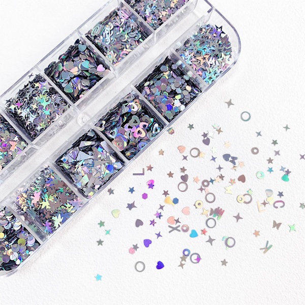 12 rutnät låda laser silver nagel glitter, lönnlöv stjärna hjärta DIY