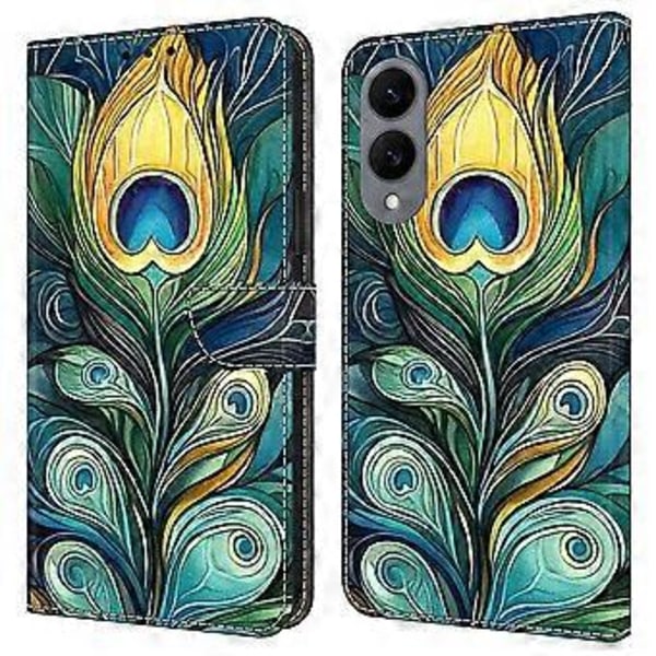 Læderetui med mønstertryk, pung, stativ og flip-cover til Samsung Galaxy S25 Edge Green Feathers