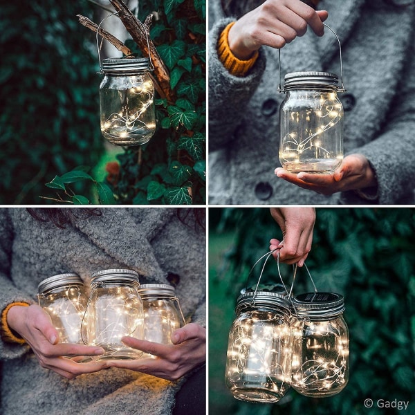 Solcellslykta i glasburk | 3 stycken | 20 LED-lampor | Bords- eller
