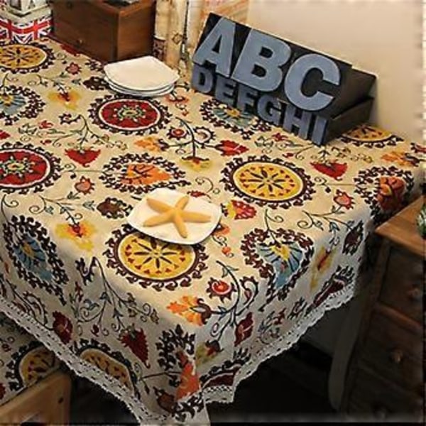 Vintage Blondeblomstduk i blonde, brodert rektangulær vaskbar duk i lin til middag og piknik, 90*90cm