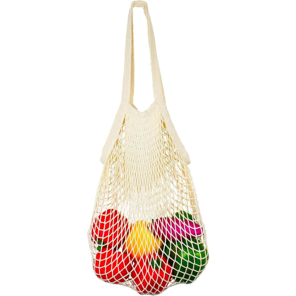 [2 Pakke] Premium Mesh Bærenett, Gjenbrukbare Grønnsaksposer, Lange Håndtak Net Tote Bager, 100% Bomullsstoffsposer, Frukt- og Grønnsaksposer, Beige (Bærbar/Vaskbar/Holdbar)