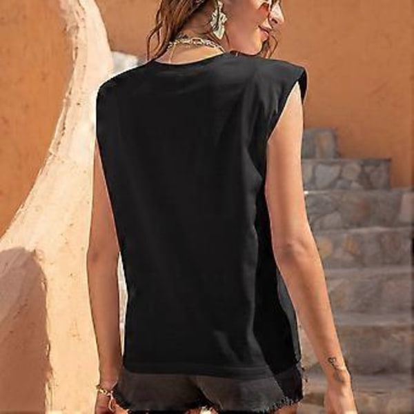 Lös Slim Tank Top för Kvinnor, Enfärgad Bomull, Ärmlös Väst, Rund Hals, Axelvaddar, T-Shirts Svart (stil5555)
