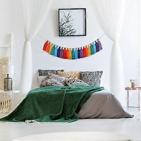 82 tommer Regnbue Kvaster Guirlande til Klasseværelsesindretning Boho Kvaster Guirlande Vægophæng Farverig Kvast Banner med Træperler til Fest N