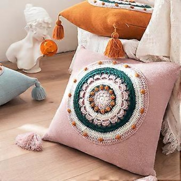 Boho-tyylinen neulottu koristetyynynpäällinen tupsuilla, värikäs pyöreä kukka-aiheinen tyyny Co Oranssi Orange