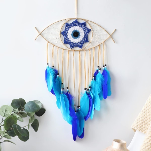 Evil Eye Dream Catcher Beige Fjerdrømmefanger til soveværelse