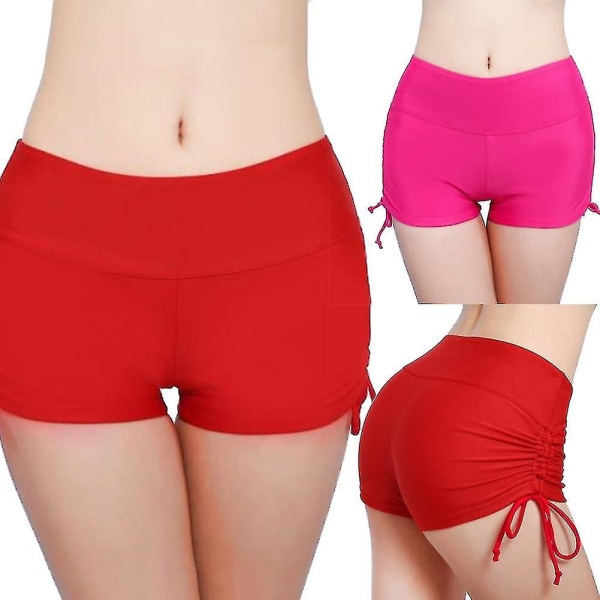 Kvinnor Enfärgad Bikini Bottensida Plisserat bandage Beach Swim Shorts.L.Rose Red