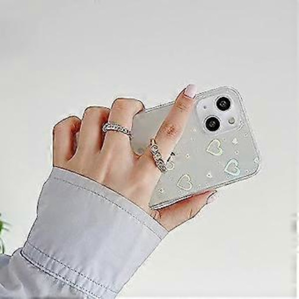 Yhteensopiva iPhone 13 -kotelon kanssa, kirkas kimalteleva laseriskunkestävä suojakuori timanttisormustelineellä, muodikas värikäs glitter-rakkaussydän