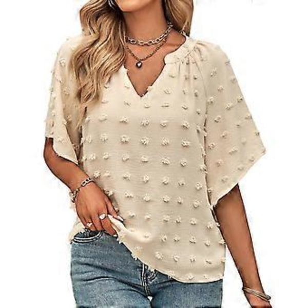 Aprikos L V-hals Sveitsisk Prikk Topp Dame Vår Sommer Løs Casual Elegant Ren Farge Skjorte Bluse for Kontorarbeid