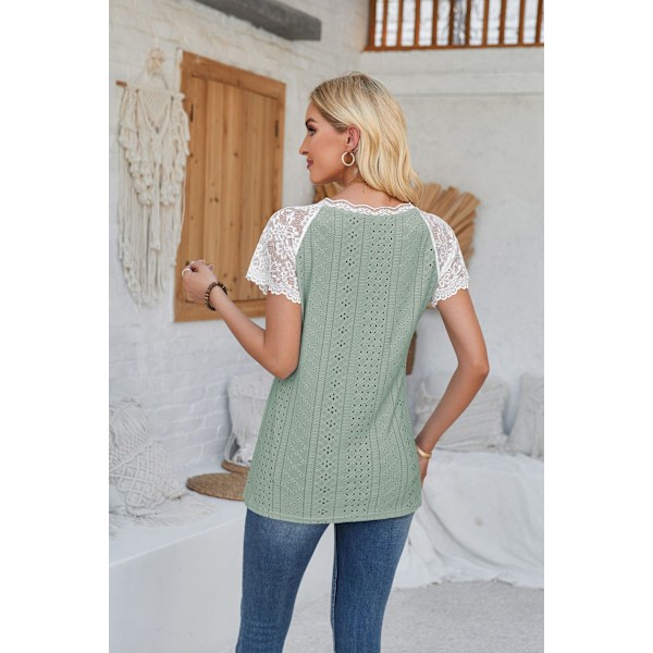 Kortermet bluse for kvinner, V-hals, blondekant, ensfarget, moteriktig, pustende for sommeren (MGrønn) Green M