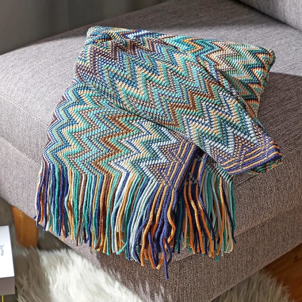 Boho Kastpläd Utomhus Stickad med Fransar, (Blå 50x60
