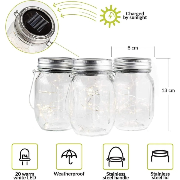 Mason Jar Light Solar | 3 stykker | 20 Led Fairy Lights | Tabell Eller