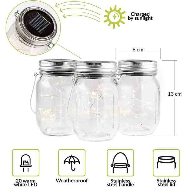 Solcellslykta i glasburk | 3 stycken | 20 LED-lampor | Bords- eller