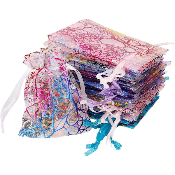 4 väriä, 7 x 9 cm korallikuvioiset organza-pussit, 100 kpl koralli O