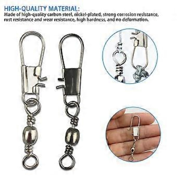 100 st Snabbspinn Fiske Bete Länk Connector med Låsande Snäppspänne Solida Ringar Fiskelina till Krok Clips Connectors, Storlek 4, 6, 8, 10, 12