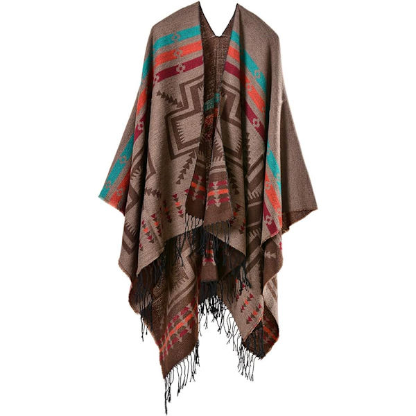 Kahvi Cashmere Poncho Wrap kukkakuvioilla ja hapsureunoilla