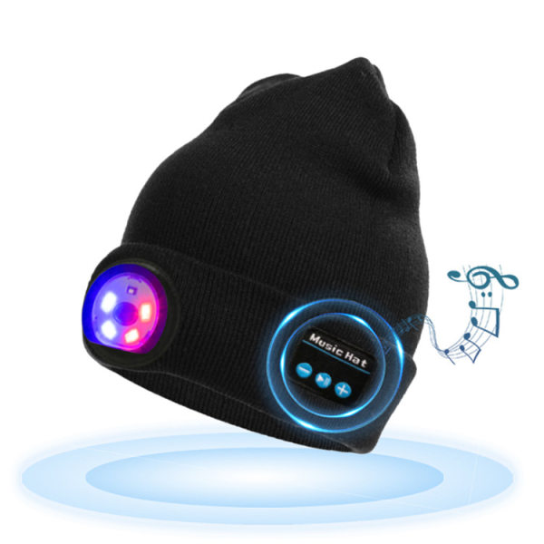Bluetooth Beanie Hat med lys-sort, USB genopladeligt LED Headl