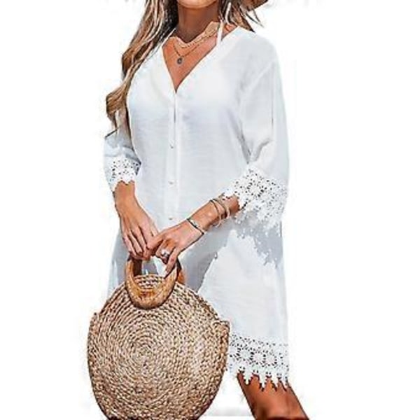 Bikinis för damer Kofta Överdrag Tröja Strandskjorta Sexig Lång Ärm Strandkläder Överdrag Nedfälld Sovplagg Baddräkter Överdrag Vit M M