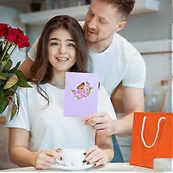 Rosa Blommig 3D Grattiskort Unikt Popup Tackkort med Litet Kort & Kuvert Semestergåva för Firanden