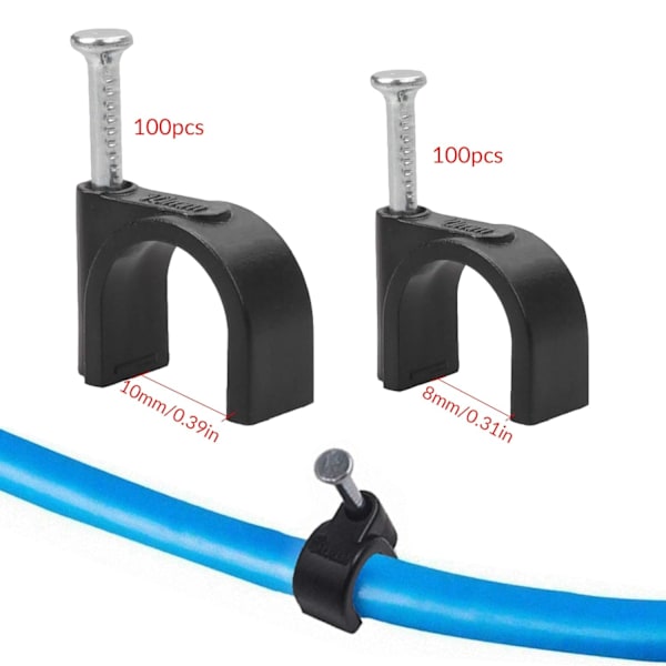 200 stk. assorterede runde elektriske kabelklemmer - 8mm & 10mm - Sort