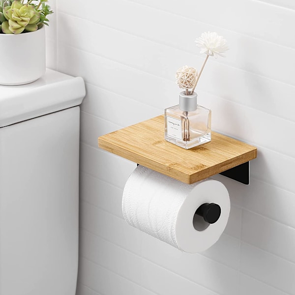 Toiletpapirholder med hylde Bambus badeværelse rulleholder rustfrit stål vægmontering mat sort