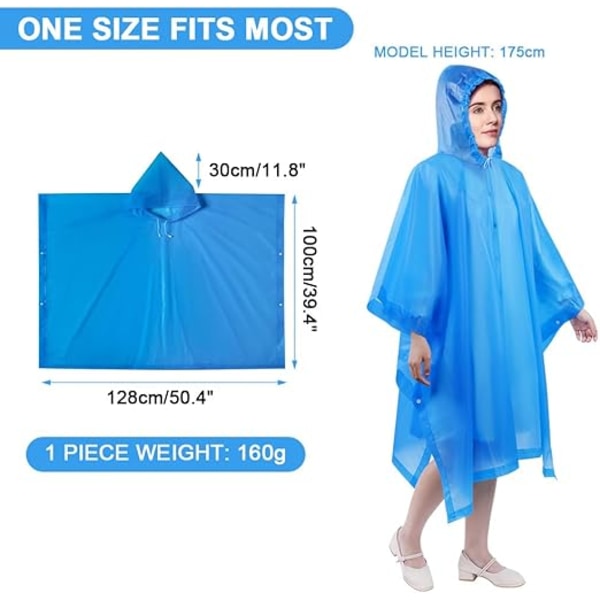 2 Vattentäta Ponchos för Vuxna, Återanvändbar Poncho, EVA Regnponcho, Lätt Vattentät Regnjacka med Huva, Camping, Vandring, Blå