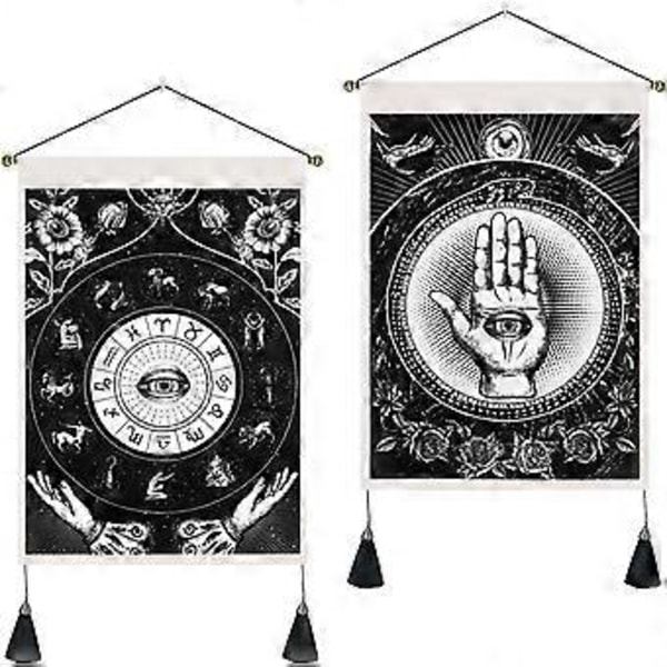 Onda Ögat Väggbonader med Tofsar, Set om 2 Handvävda Tapeter, Svart, Astrologi Zodiak Tapeter, 35 x 50 cm
