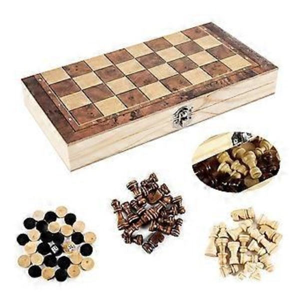 3 i 1 Schack Dam Backgammon Spelset med Hopfällbar Träbräda för Förvaring, Portabelt Resepussel Brädspelskombinationsset för Barn & Vuxna