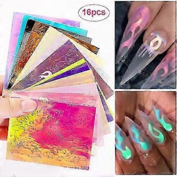 16 st Holografiska Eldflammor Nagelstickers Eldar På Manikyr Schablon Stickers Nagelkonst Dekoration