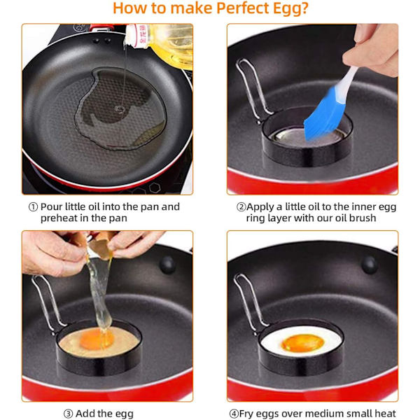 Non-Stick Æggeforme, 4 stk. Rustfrit Stål Runde Æggeforme til Stegning