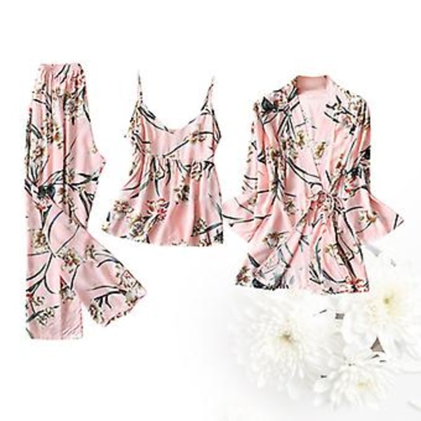 3 st/1 set Sexiga Dam Pyjamas Sovkläder Klänning Morgonrock Byxor Toppar Shorts Set Stilfulla Hemmakläder Rosa (storlek Xl)