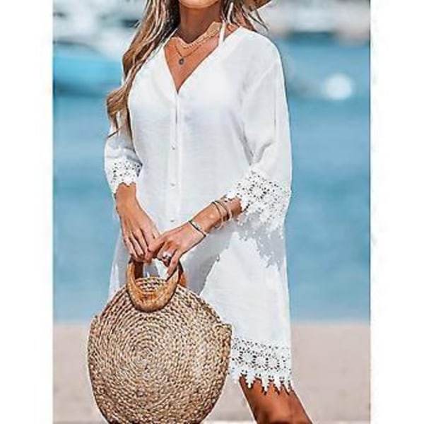 Bikinis för damer Kofta Överdrag Tröja Strandskjorta Sexig Lång Ärm Strandkläder Överdrag Nedfälld Sovplagg Baddräkter Överdrag Vit M M