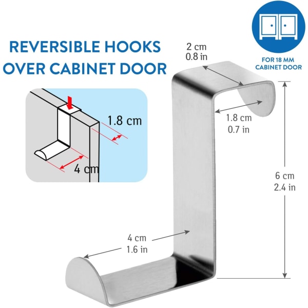 6 rustfrie ståldørkroge, reversible til standarddøre og C