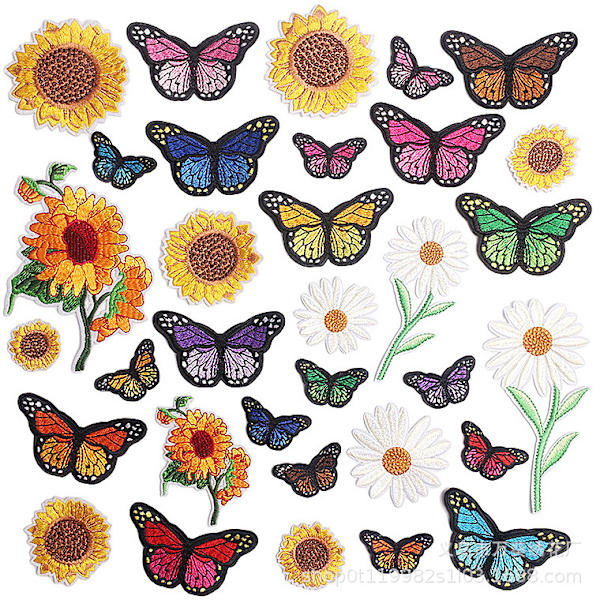 33 Sommerfuglebroderi Patches Klistrende Solsikker Søde Sting