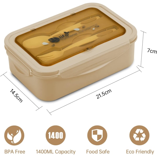 Khaki - Lunchbox med gaffel och 3 fack, 1400ml läckagesäker