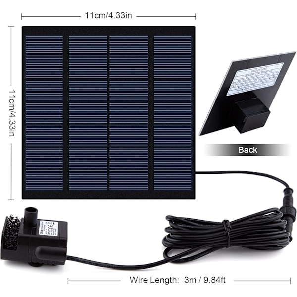 Solcellsdriven fontänpumpsats med separata solpaneler, 1,2W uppgraderad solcellsvattenpump, levereras med 3-meters kabel och 4 munstycken, svart