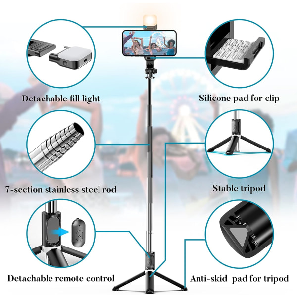Svart - 1 stk. Selfie Lys Stativ Bluetooth Selfie Stang Lang