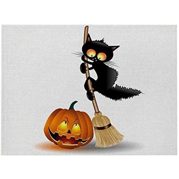 Set med 4 färgglada Halloween-dukar i bomull och linne - Katt på Halloween-mönster